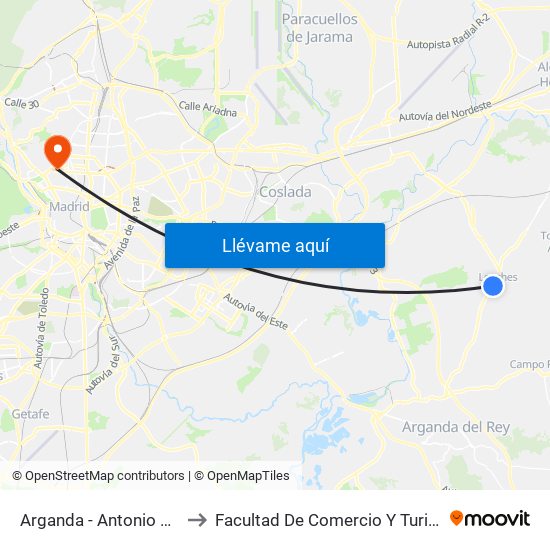 Arganda - Antonio Machado to Facultad De Comercio Y Turismo (Ucm) map