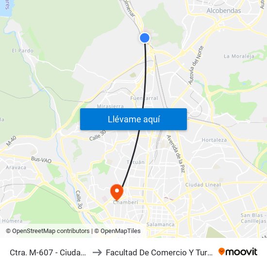 Ctra. M-607 - Ciudad Escolar to Facultad De Comercio Y Turismo (Ucm) map
