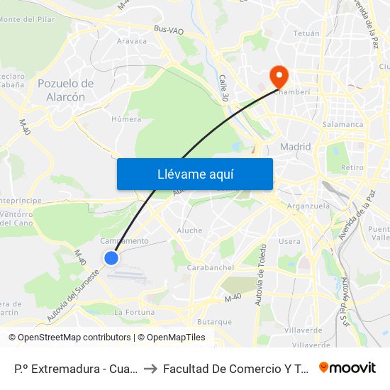 P.º Extremadura - Cuatro Vientos to Facultad De Comercio Y Turismo (Ucm) map