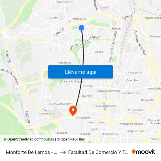 Monforte De Lemos - La Vaguada to Facultad De Comercio Y Turismo (Ucm) map
