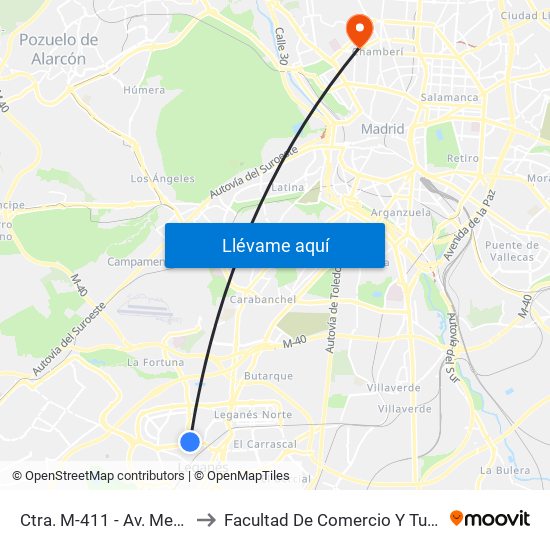 Ctra. M-411 - Av. Mediterráneo to Facultad De Comercio Y Turismo (Ucm) map