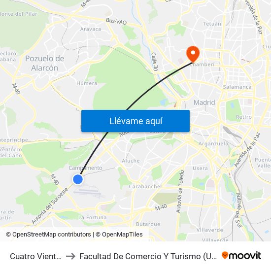 Cuatro Vientos to Facultad De Comercio Y Turismo (Ucm) map