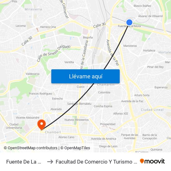 Fuente De La Mora to Facultad De Comercio Y Turismo (Ucm) map
