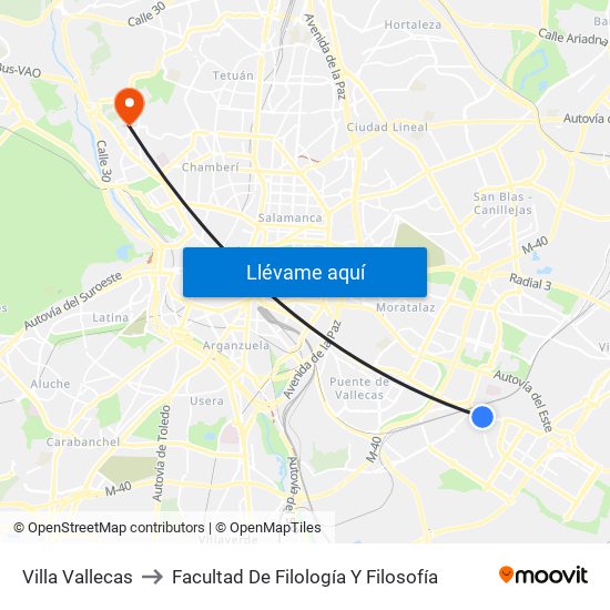 Villa Vallecas to Facultad De Filología Y Filosofía map