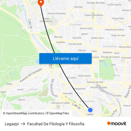 Legazpi to Facultad De Filología Y Filosofía map