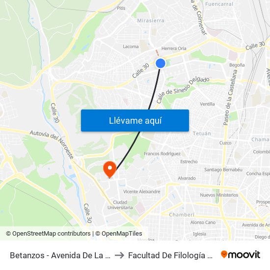 Betanzos - Avenida De La Ilustración to Facultad De Filología Y Filosofía map