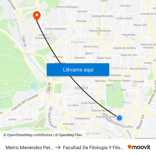 Metro Menéndez Pelayo to Facultad De Filología Y Filosofía map