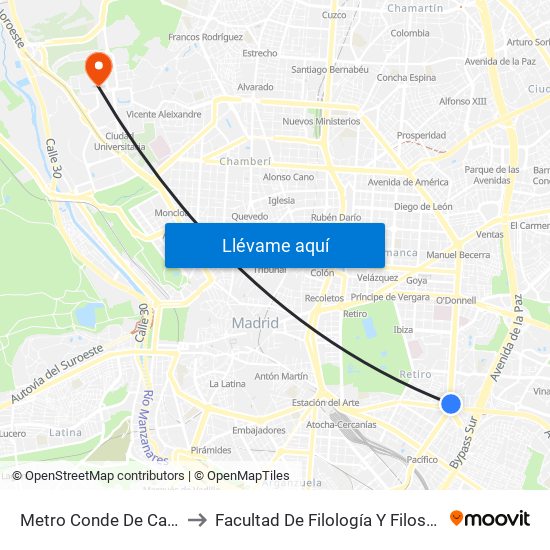 Metro Conde De Casal to Facultad De Filología Y Filosofía map