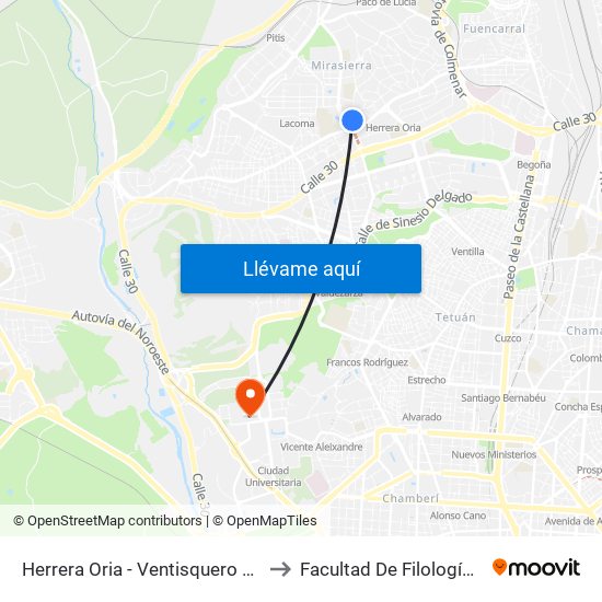 Herrera Oria - Ventisquero De La Condesa to Facultad De Filología Y Filosofía map