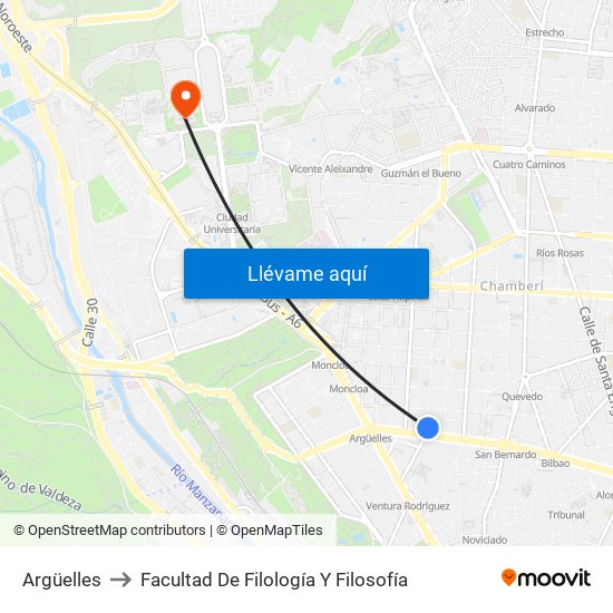 Argüelles to Facultad De Filología Y Filosofía map