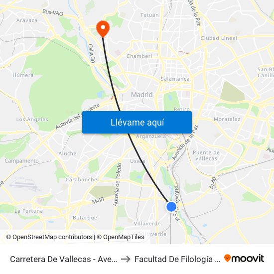 Carretera De Vallecas - Avenida Rosales to Facultad De Filología Y Filosofía map