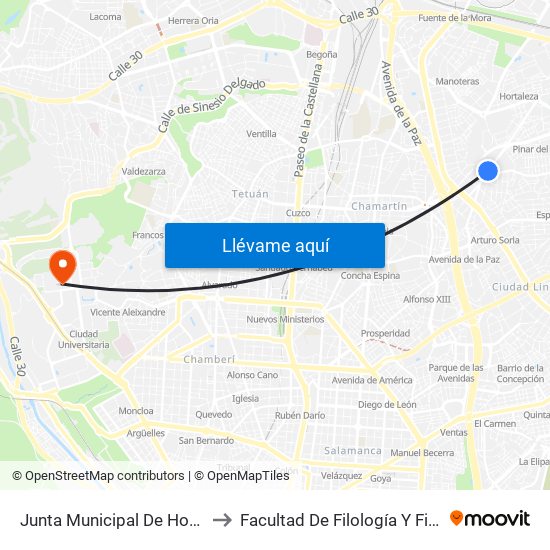 Junta Municipal De Hortaleza to Facultad De Filología Y Filosofía map