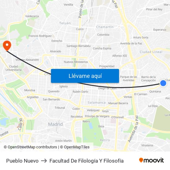 Pueblo Nuevo to Facultad De Filología Y Filosofía map