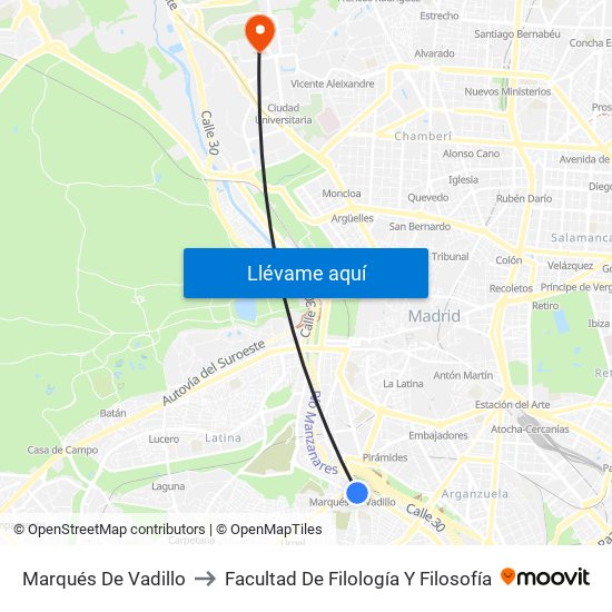 Marqués De Vadillo to Facultad De Filología Y Filosofía map