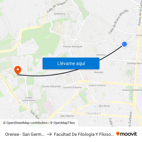 Orense - San Germán to Facultad De Filología Y Filosofía map