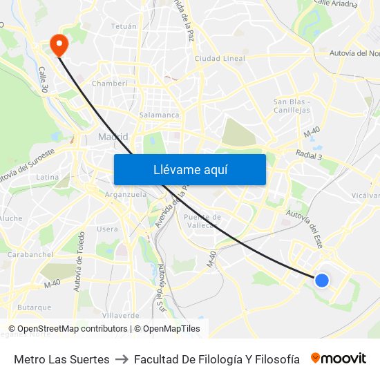 Metro Las Suertes to Facultad De Filología Y Filosofía map