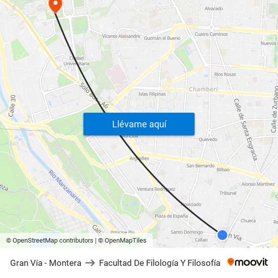 Gran Vía - Montera to Facultad De Filología Y Filosofía map