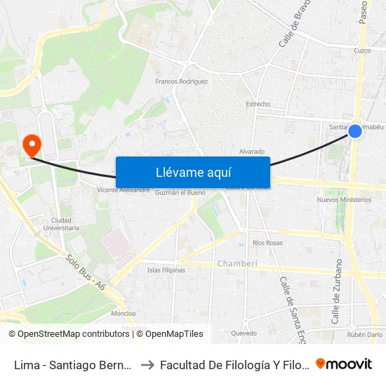 Lima - Santiago Bernabéu to Facultad De Filología Y Filosofía map