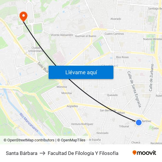 Santa Bárbara to Facultad De Filología Y Filosofía map