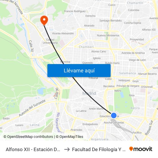 Alfonso XII - Estación De Atocha to Facultad De Filología Y Filosofía map