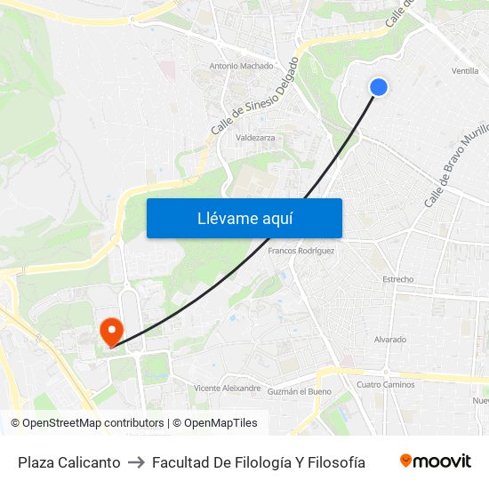 Plaza Calicanto to Facultad De Filología Y Filosofía map