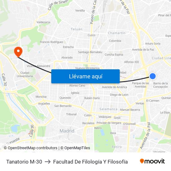 Tanatorio M-30 to Facultad De Filología Y Filosofía map