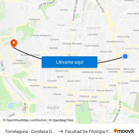Torrelaguna - Condesa De Venadito to Facultad De Filología Y Filosofía map