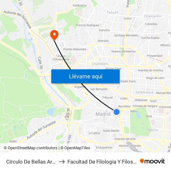 Círculo De Bellas Artes to Facultad De Filología Y Filosofía map