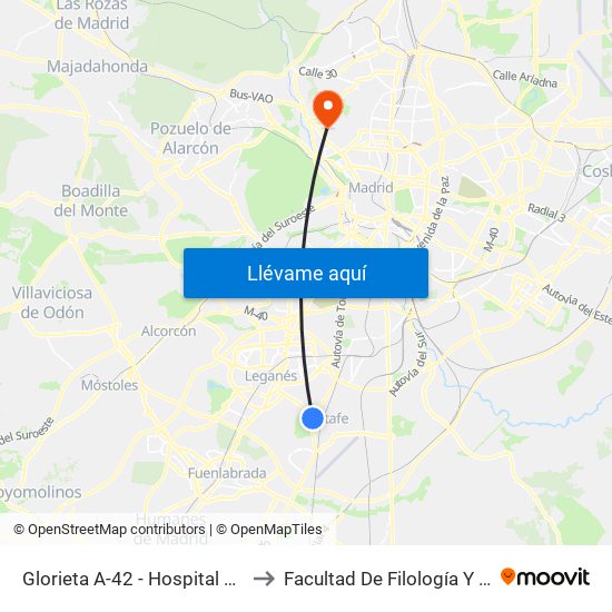 Glorieta A-42 - Hospital De Getafe to Facultad De Filología Y Filosofía map