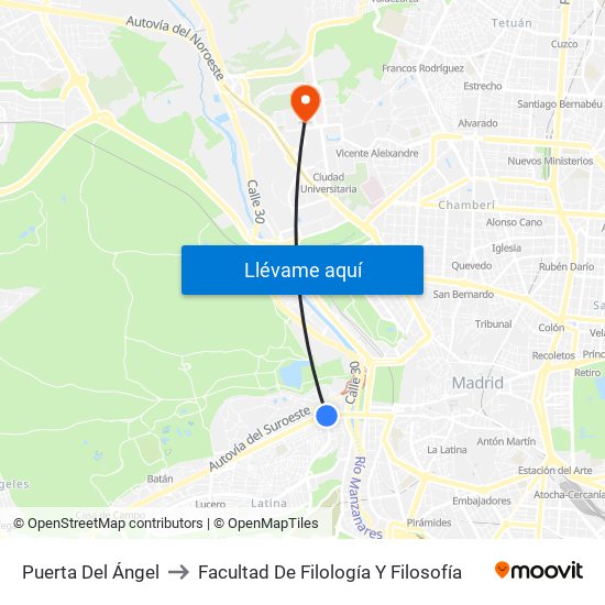 Puerta Del Ángel to Facultad De Filología Y Filosofía map