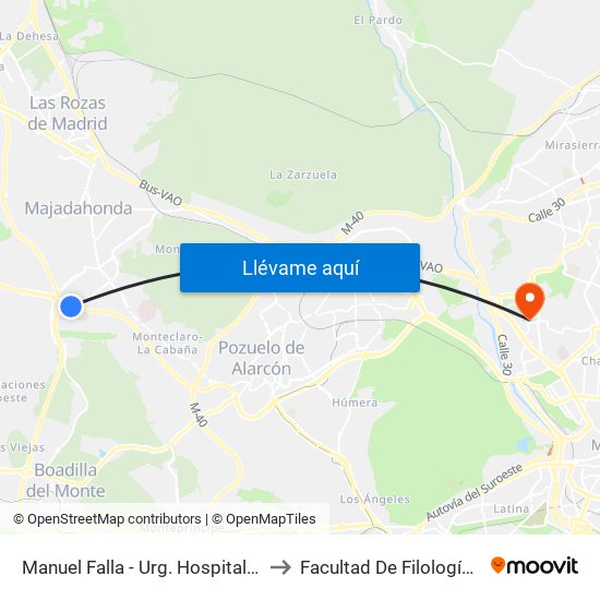 Manuel Falla - Urg. Hospital Pta. De Hierro to Facultad De Filología Y Filosofía map