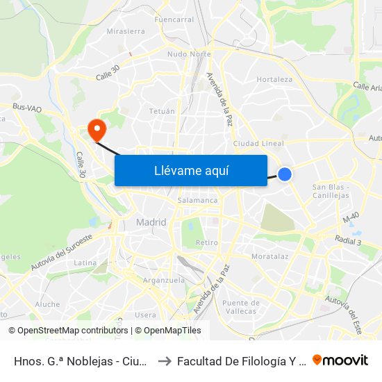 Hnos. G.ª Noblejas - Ciudad Lineal to Facultad De Filología Y Filosofía map