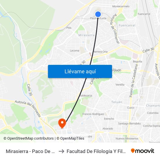 Mirasierra - Paco De Lucía to Facultad De Filología Y Filosofía map