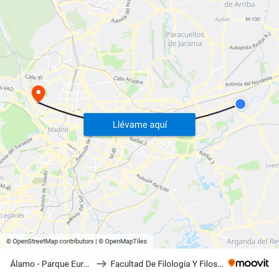 Álamo - Parque Europa to Facultad De Filología Y Filosofía map