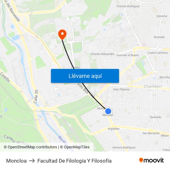 Moncloa to Facultad De Filología Y Filosofía map