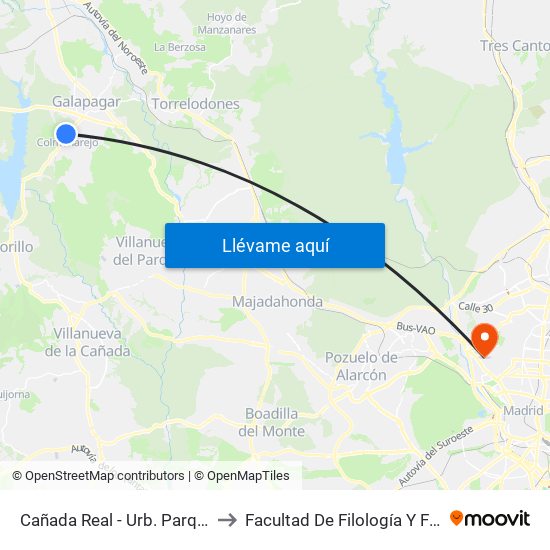 Cañada Real - Urb. Parque Azul to Facultad De Filología Y Filosofía map