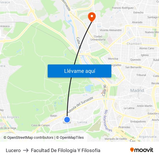 Lucero to Facultad De Filología Y Filosofía map