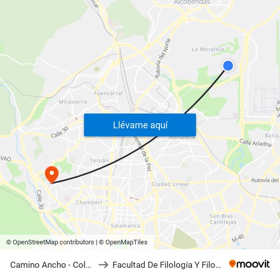 Camino Ancho - Colegio to Facultad De Filología Y Filosofía map