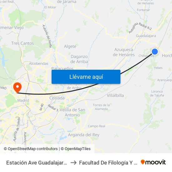 Estación Ave Guadalajara - Yebes to Facultad De Filología Y Filosofía map