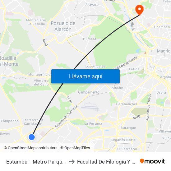 Estambul - Metro Parque Oeste to Facultad De Filología Y Filosofía map