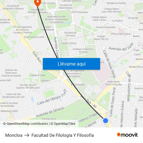 Moncloa to Facultad De Filología Y Filosofía map