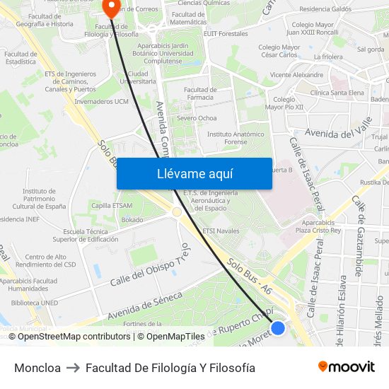 Moncloa to Facultad De Filología Y Filosofía map