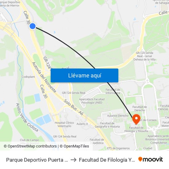 Parque Deportivo Puerta De Hierro to Facultad De Filología Y Filosofía map