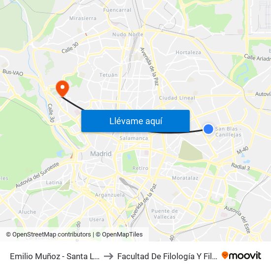 Emilio Muñoz - Santa Leonor to Facultad De Filología Y Filosofía map