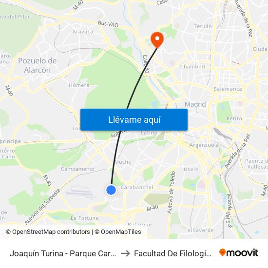 Joaquín Turina - Parque Carlos Matallanas to Facultad De Filología Y Filosofía map