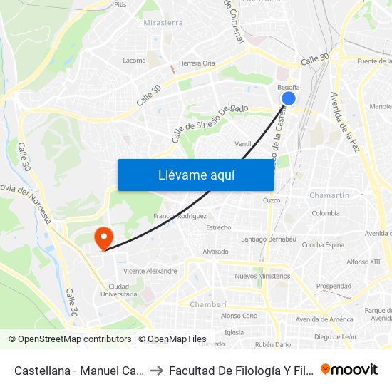 Castellana - Manuel Caldeiro to Facultad De Filología Y Filosofía map