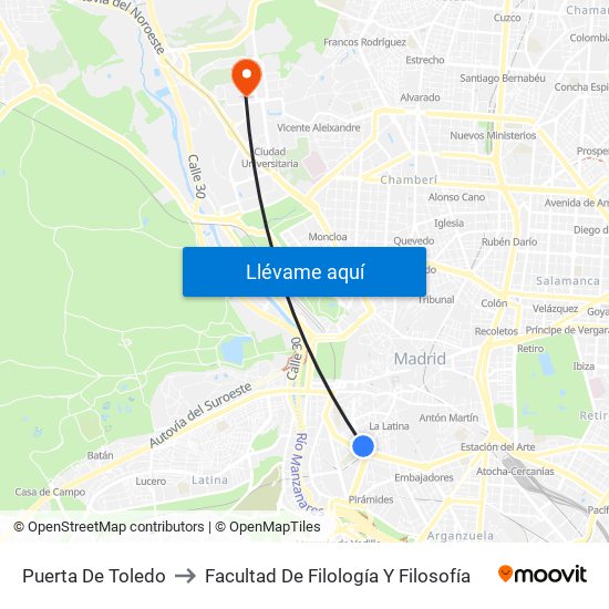 Puerta De Toledo to Facultad De Filología Y Filosofía map