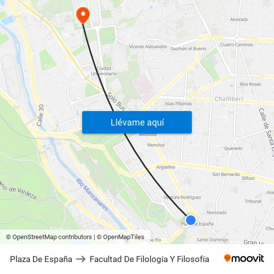 Plaza De España to Facultad De Filología Y Filosofía map