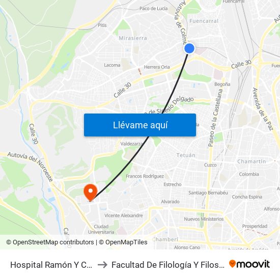 Hospital Ramón Y Cajal to Facultad De Filología Y Filosofía map