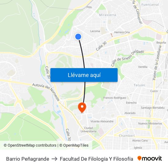 Barrio Peñagrande to Facultad De Filología Y Filosofía map